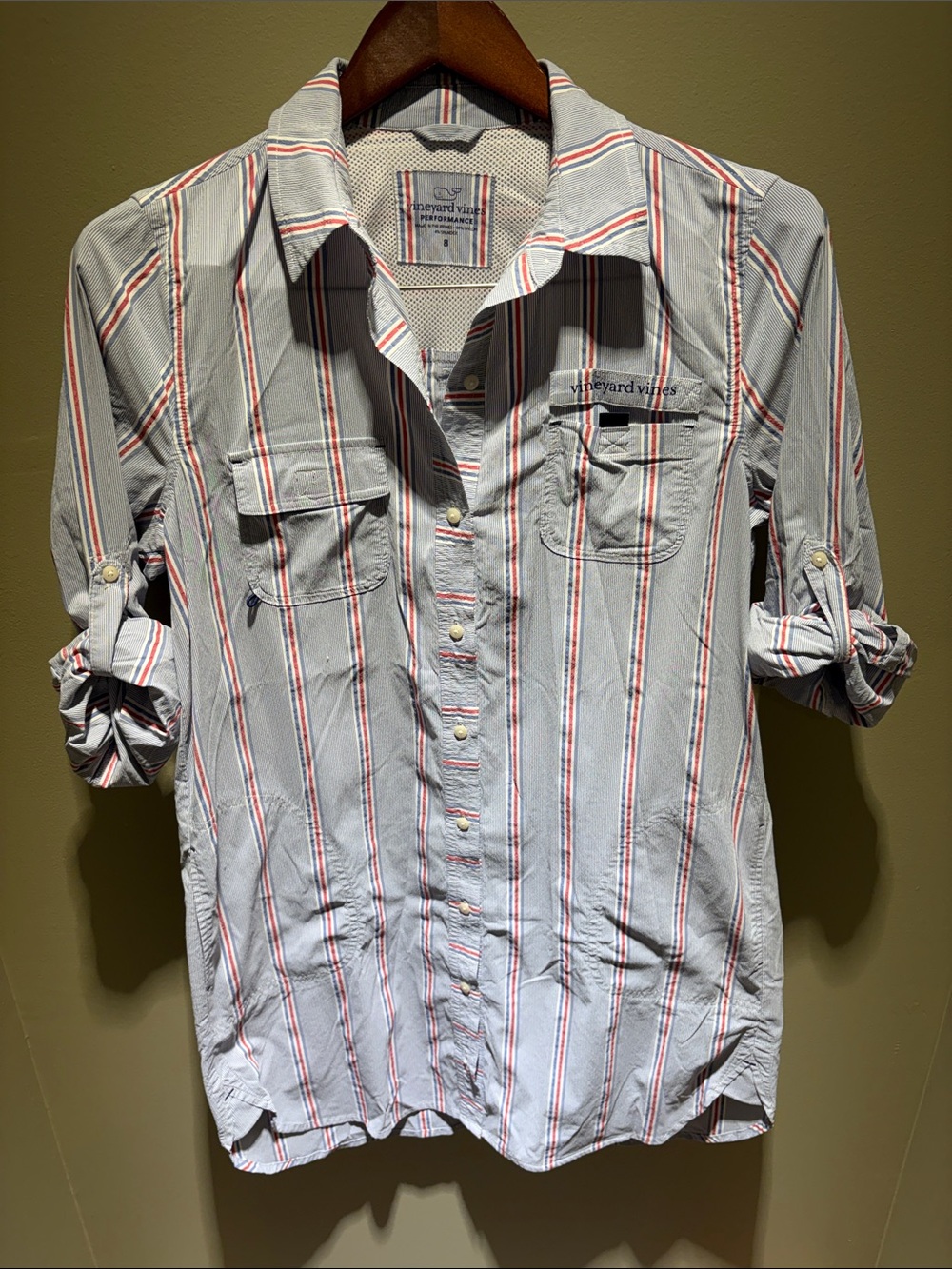 Vineyard Vines White Button-Up Coverup with Red & Blue Stripes